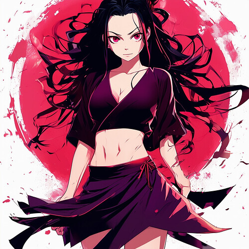 An authentic depiction of Nezuko, the iconic figure from Demon Slayer, immersed in the dynamic atmosphere of current-day Japan, sporting a midnight-hued, belly-exposing top and a spirited skirt, the tableau bursting with rich, cutting-edge tones