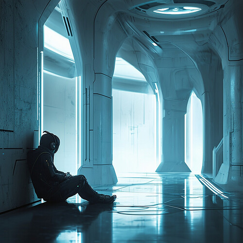 A somber portrait of an avid gamer slouched in the corner of a stark but forward-looking chamber, a feeling of yearning etched on their features as they dream of their passion amidst the sophistically designed, futuristic architecture around them