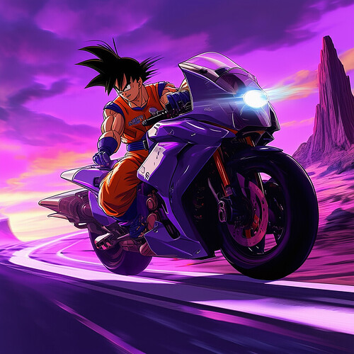 Son Goku fully concentrated behind the controls of a jet-propelled crotch rocket motorcycle, his powerful physique streamlined in aerodynamic racing leathers as he handles hairpin turns on a winding road through otherworldly alien terrain under violet skies