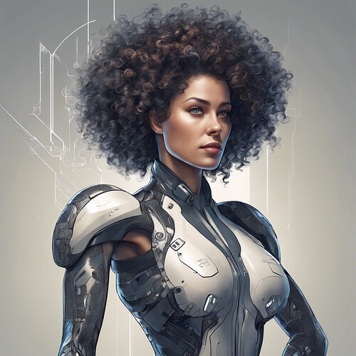 a curly-haired woman with a striking, technologically-enhanced arm, depicted in a sleek, futuristic style