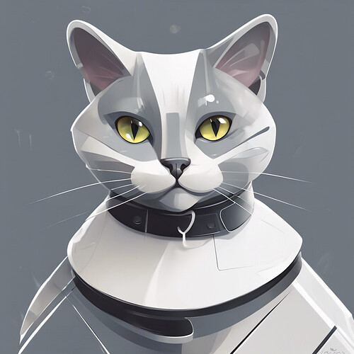 a grey and white futuristic style cat wearing a collar tagged 'nenem'