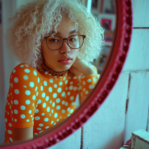 An intimate snapshot of a pale-haired teen dressed in a navel-baring tee, gazing through red-framed lenses as she photographs herself, sporadic vibrant blobs overlaying the monochrome backdrop