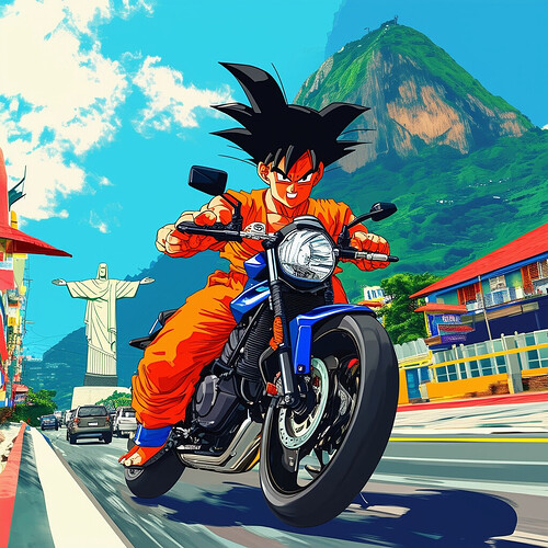 Goku from Dragon Ball Z riding the Yamaha XJ6 motorcycle through the colorful streets of Rio de Janeiro, wearing his orange gi, focused expression on his face as he expertly maneuvers through traffic with Corcovado mountain and Christ the Redeemer statue in the background