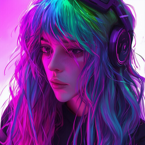 a somber depiction of a streamer sporting cosmic-colored locks, engrossed in VR worlds akin to Second Life and Fivem, rendered with a modern, sophisticated aesthetic