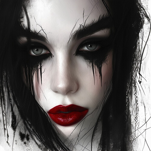 An entrancing rendering of a pale gothic vision, deep-set eyes rimmed with smudged black liner in sharp winged shapes, melancholy features highlighted by blood-red lipstick, an aura of melancholy surrounding her slender form