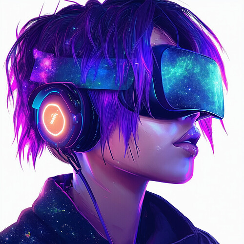 a melancholic portrait of a gamer streamer with galaxy-hued hair, immersed in virtual reality games reminiscent of Second Life and Fivem, captured in a contemporary, cutting-edge style