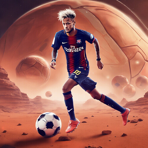 futuristic scene of Neymar in his soccer uniform doing tricks with a high-tech soccer ball on Mars