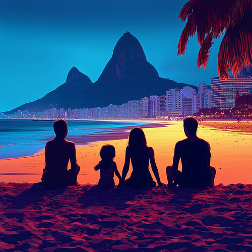 a somber, enigmatic scene of a family sitting on Ipanema Beach at night, their backs turned, silhouetted against the dim light in a futuristic, cutting-edge style with subdued, modern hues