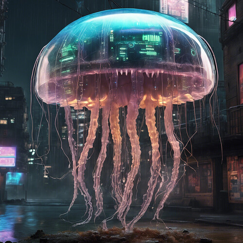 an eerily lifelike robotic jellyfish with glowing circuitry, set against a gritty cyberpunk cityscape backdrop