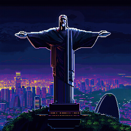 the majestic Christ the Redeemer monument, portrayed through the lens of classic 8-bit graphics, set against the backdrop of a dark, futuristic cyberpunk metropolis