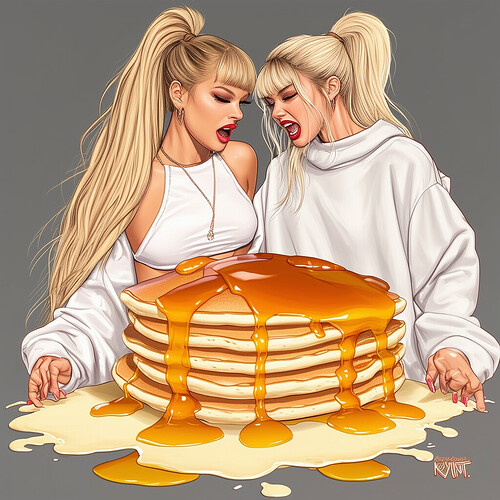 Taylor Swift with long blonde hair in a white crop top and Ariana Grande with a high ponytail in an oversized sweater are having a cartoonish catfight on top of a gigantic fluffy pancake drowned in syrup and melting butter chunks, both trying to push the other into the sticky sweet mess