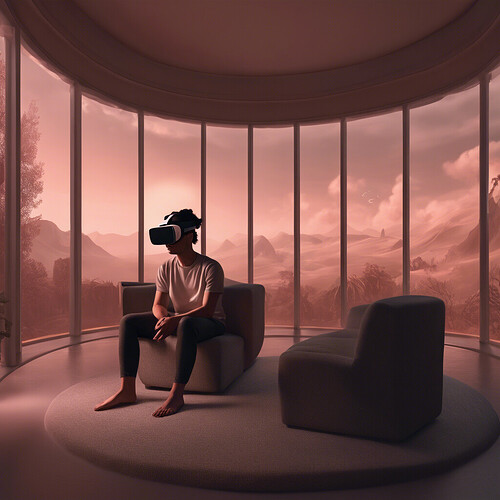 a somber portrayal of a human finding solace and contentment within a virtual reality facilitated by Oculus Quest 2, juxtaposed against the dreariness of their authentic circumstances