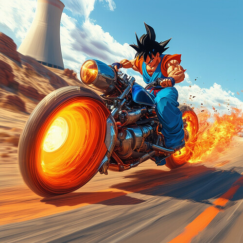 Dynamic perspective of everyone's favorite Saiyan, Goku, clad in his classic blue and orange dōgi while operating a customized speeder bike featuring a Capsule Corporation power plant, shown ripping up empty desert roads outside West City leaving trails of fire in his wake