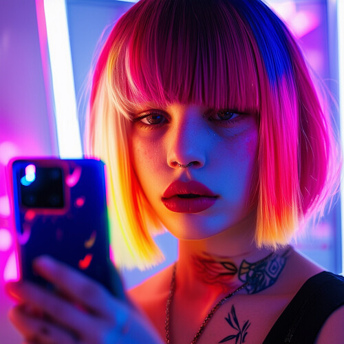 Close-up of a teenage girl with dip-dyed locks in contrasting hues, pouting daringly as she snaps a selfie reflected in a mirror holding a glowing RGB ROG Phone. Her bicolored blunt fringe is chopped straight above innocent eyes, distinguished by a delicate scarlet heart tattoo under the left one.