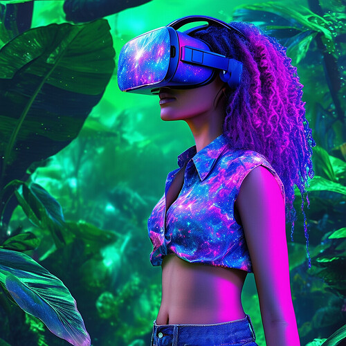 A dynamic illustration of a gaming enthusiast from Brazil, her tresses a kaleidoscope of galactic shades, wearing VR headgear, a belly-exposing blouse, and blue jeans, surrounded by the exotic flora of the Amazonian jungle, captured in bold, up-to-date tones