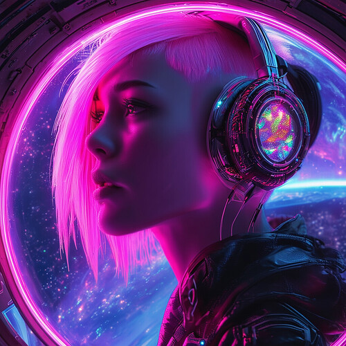 Cyberpunk female hacker drifting in zero gravity, backdropped by galaxies behind a glass dome, faceted LED headphones flashing multi-chromatic beams over her sharply styled pink undercut as she assimilates codes from the mainframe