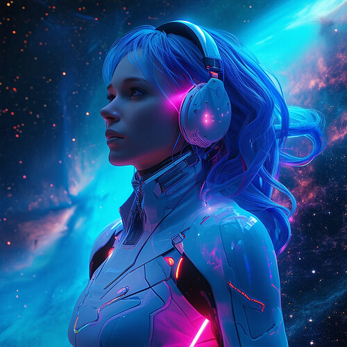 A futuristic woman with long flowing blue hair floating gracefully in space, wearing a slick spacesuit accented with glowing RGB lights, advanced holographic headphones over her ears streaming data as she overlooks a nebula and stars