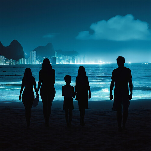 a pensive, shrouded portrayal of a shadowy family group along the shores of Ipanema Beach by night, with scant, ultramodern accents offering ethereal radiance, captured through a sophisticated, forward-looking palette