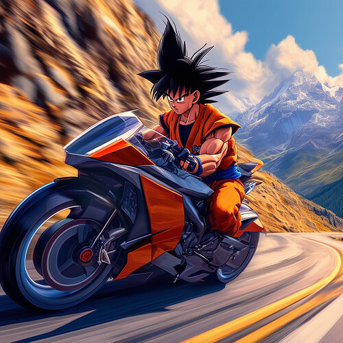 Goku from Dragon Ball Z riding a futuristic sport bike motorcycle, his spiky hair blowing in the wind, with a determined look on his face as he races down a winding road through spectacular mountain scenery