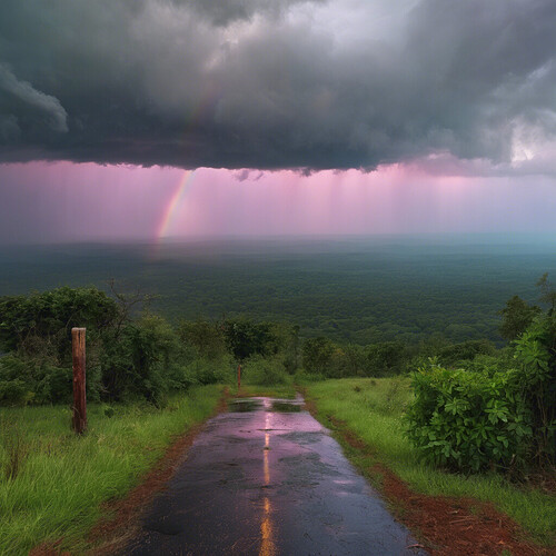 a breathtaking, multicolored bow stretching from horizon to horizon after a refreshing rain shower