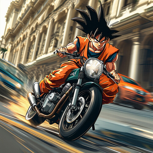 Son Goku using his super strength to effortlessly handle an XJ6 café racer through heavy traffic in Rio, depicted in dynamic perspective leaning hard into an uphill sweeper, the facade of the Theatro Municipal visible ahead, his spiky hair adding wind resistance