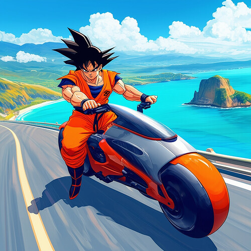 An illustration of Goku astride a sleek hoverbike modeled after his Flying Nimbus cloud, wearing his trademark orange gi as he joyrides at extreme speeds along a coastal highway overlooking crystal blue waters with colorful islands in the distance