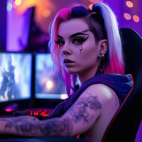 A young woman with split-dyed two-tone hair and dramatic two-toned winged eyeliner sits in a gaming chair, peering intently at multiple screens as she live streams herself playing games on Twitch, various piercings adorning her ears, nose, and eyebrows