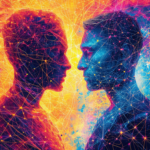 a dynamic illustration of two individuals from distinct dimensions, connected by the intricate threads of the universe, rendered in bold, striking colors within a visionary, forward-looking theme