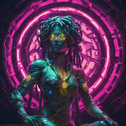 the mythological figure Medusa reimagined in a cyberpunk world, her stone-turning stare now enhanced by glowing cyber-optics