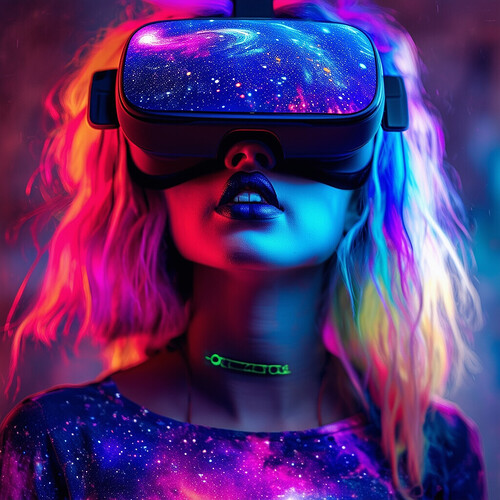 A modern portrait of a edgy girl gamer donning galaxy printed skirt, rainbow-dyed locks partially obscuring her kohl-lined eyes as she engages with her VR gear that bathes her exuberant face in celestial lights and space phenomena