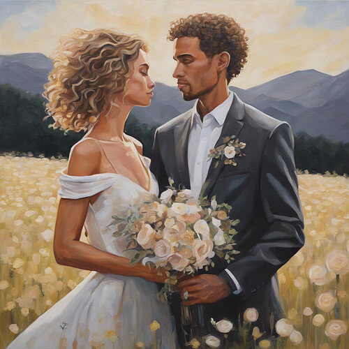 acrylic painting of a tall, thin, cropped hair, no beard light skin toned man wedding a short, free flowing curly hair, prominent eyes light skin toned woman in a blooming field