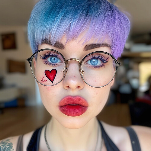 Casual selfie snapshot of a youthful lady with a razored blue and lavender pixie cut, peering inquisitively over cat-eye glasses. A vibrant cherry-red sacred heart ink graces her flawless visage below the left eye, above pursed rosebud lips capturing her image.