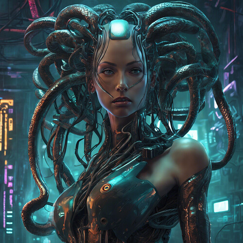 a lifelike depiction of Medusa as a cybernetic being, her snake hair now robotic coils, standing imposingly in a dark, high-tech cyberpunk environment