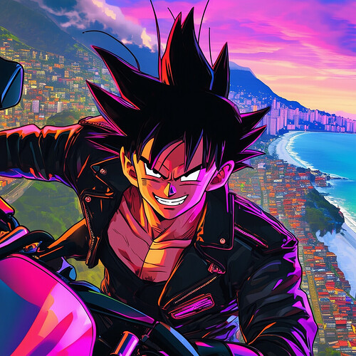 Anime version of Goku grinning confidently in Brazilian biker leather jacket, neon stripes glowing as he races his slick limited-edition XJ6 sportbike past vibrant favelas and beneath towering high-rises along scenic seaside routes, leaving a trail of exhaust smoke