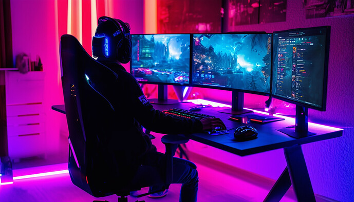 highly detailed photo of a pro gamer at computer setup, multiple screens, rgb lighting, expensive furniture, futuristic