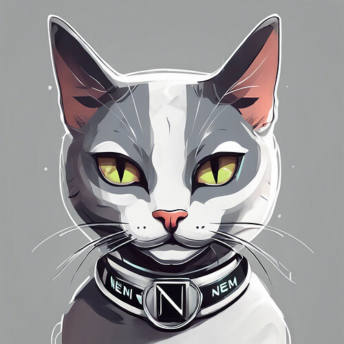 a grey and white cat with a retrofuturistic collar with 'nenem' written on it