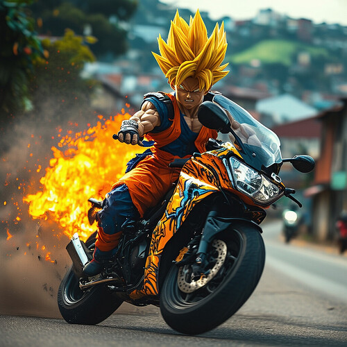 Cinematic shot of everyone's favorite Super Saiyan ripped like a DBZ action figure, trippy fairing art reflecting wild style motos of Brazillian riders as he burns up backroads threading sprawling favelas on the Yamaha XJ6, humble Cariocas cheering roadside