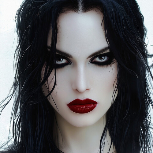 A haunting depiction of a vampiric gothic maiden, silky jet black hair spilling over delicate shoulders, piercing eyes rimmed with sooty charcoal eyeliner, crimson lips gently parted in a pensive expression