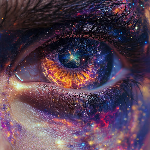 a stunning representation of a human with sclera that mirror the awe-inspiring intricacies and hues of the universe