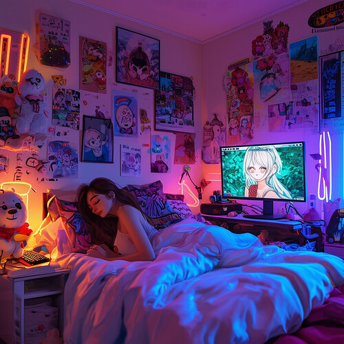 a sleeping streamer inadvertently broadcasting live on Twitch from her modern bedroom, adorned with artwork, plushies, and neon lights, seen from the perspective of her webcam