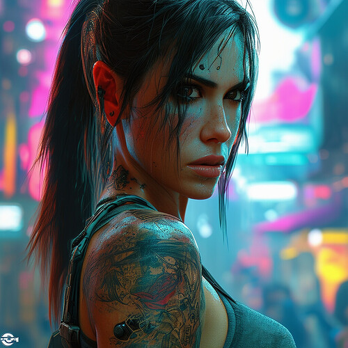 Lara Croft from Tomb Raider, heavily tattooed, in a futuristic cyberpunk style with holographic elements