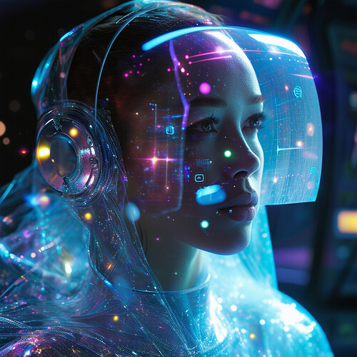 Cinematic scene of an ethereal space queen accessorized in an ostentatious wrap of flexible glass displays showing cosmic phenomena, attention focused on the data streaming through her crystalline audio framework casting prismatic bursts inside her starship