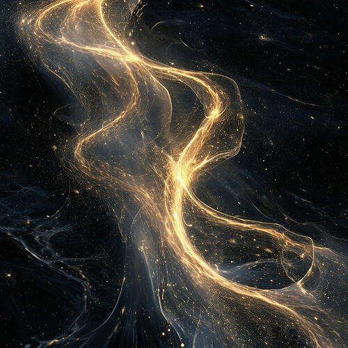 Abstract composition formed of shining souls floating in inky quantum foam threaded with gently curving trails of stardust, lighting the void between the living and the deceased joined by indestructible bonds beyond spacetime