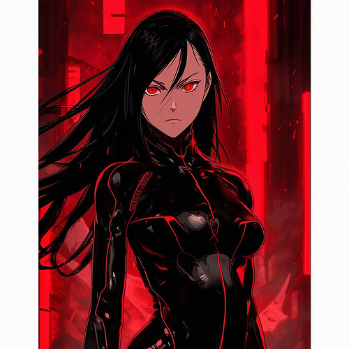 Nezuko from Demon Slayer anime standing in a dark futuristic setting with red and black tones, wearing a sleek black bodysuit with red highlights, black hair flowing, red eyes glowing as she faces the camera with a strong look on her face