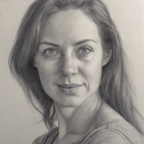 a realistic pencil drawing portrait of the woman in the provided photo reference