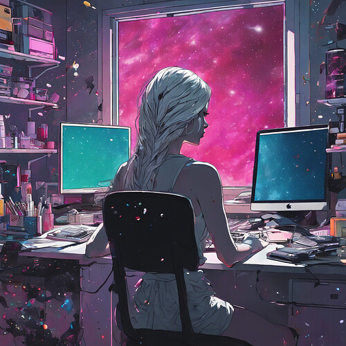 an unsettling image of a girl in front of her PC, sclera devoid of color, cosmetics streaked down her face, pills strewn about the desk, staring blankly into space as she ponders the immense complexity of the cosmos, all within a contemporary, stylish setting, with vibrant pops of color