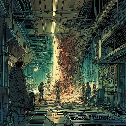 A gritty, vivid sequential art vignette exploring seminal Lost moments - the airliner plunging into an artificialbiome overseen by a megacorp, discovering glitching machines in dystopian hatches, attacked by a liquid-metal lifeform in the simulation, tensions among the digitally-hacked castaways , ultimately hacking the mainframe to exit