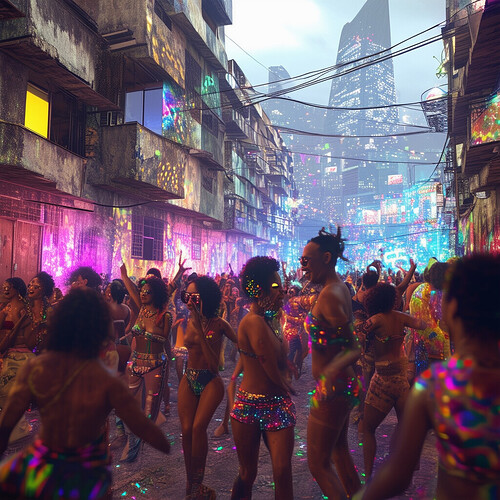 Realistic rendering of a 2077 Brazilian favela's lively funk music festivities attended by LGBTQ members enthusiastic dancing in their flamboyant appearance mods like holographic makeup/contacts and carnaval-esque AR face filter masks - the amateur digital art projections on worn aging housing facades contrasting with the 4K HD video ads on shiny corporate complexes looming behind them