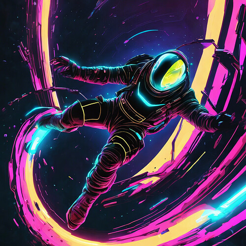 a person in a futuristic spacesuit falling into a black hole and miraculously surviving, neon cyberpunk style