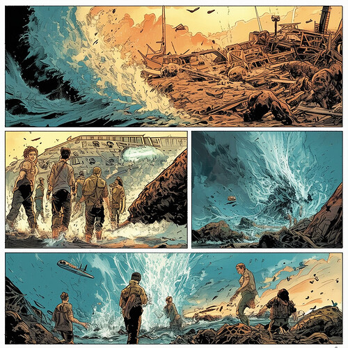 A vivid comic illustration encapsulating the epic saga of Lost in a few frames - the Oceanic flight breaking apart mid-air, the survivors scavenging the island, the discovery of the Dharma stations, close encounters with the Smoke entity, relationships forming and betrayals happening, leading to the final resolution